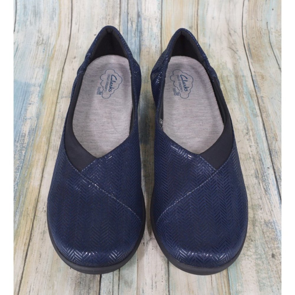 Clarks Sillian Jetay Loafers Size 11 Cloudstepper Flats Navy Blue Herringbone - Picture 3 of 11